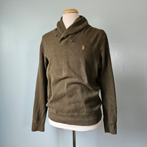 Polo Ralph Lauren Other - Vtg 90s Polo Ralph Lauren Olive Green Shawl Collar Cotton Pullover Sweater Large
